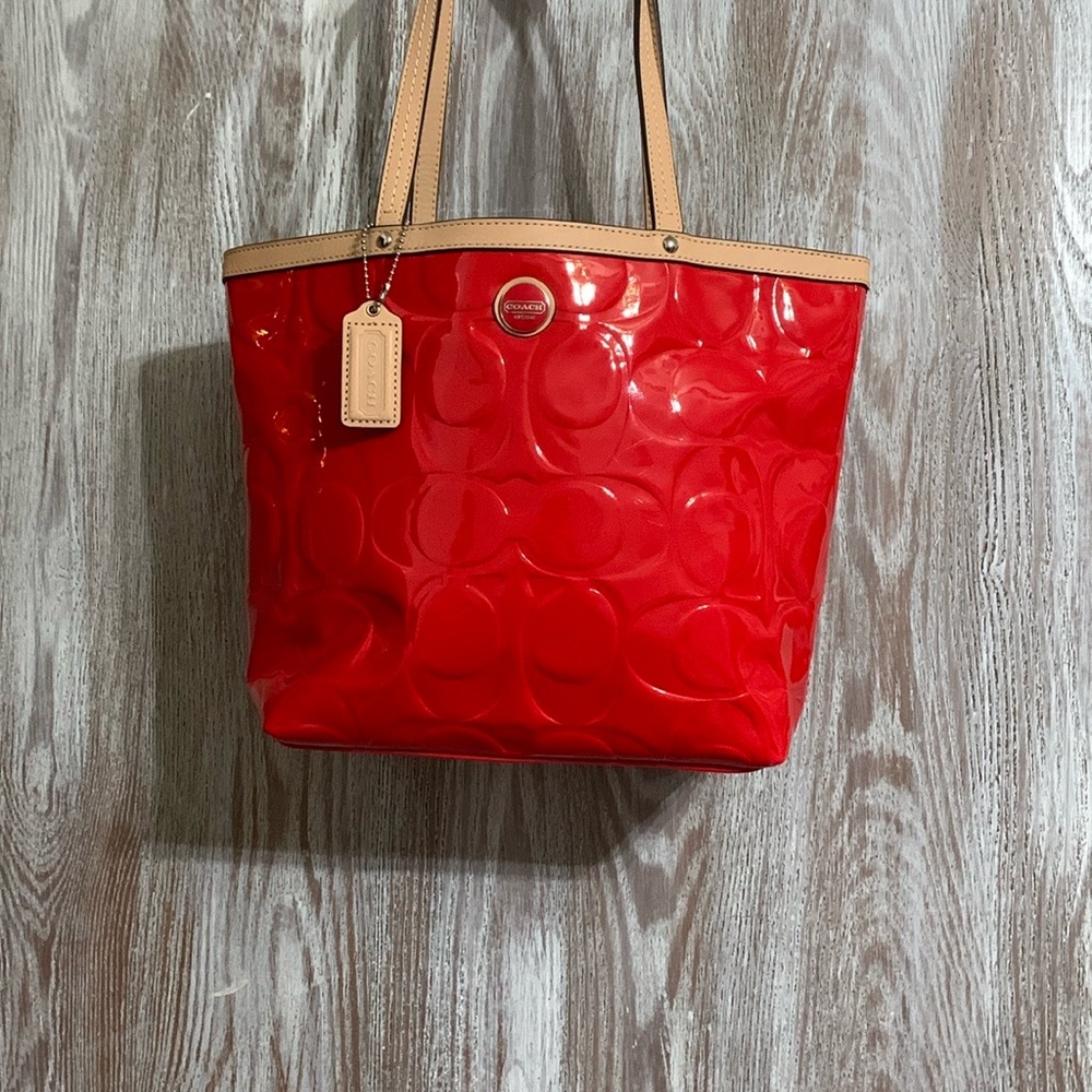 Coach Red and Tan Glossy Tote with Embossed Design